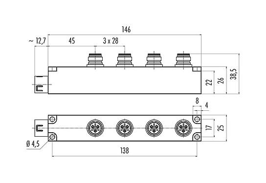 스케일 드로잉 잠깁니다 4 방향 분배기, 콘택트 렌즈: 3, 차폐되지 않음, 플러그형, IP67
