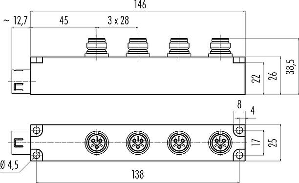 Dessin coté Snap-In Distributeur 4 voies, Contacts: 5, non blindé, enfichable, IP67