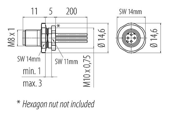 Scale drawing M8 Male panel mount connector, Contacts: 4, unshielded, single wires, IP67, M8x1.0, Front mounting
