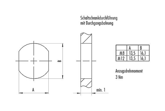 Montageanleitung / Montageausschnitt M12 Schaltschrankdurchführung, Polzahl: 4, geschirmt, steckbar, IP67, UL 2238, M12x1,0, Rückwandmontage
