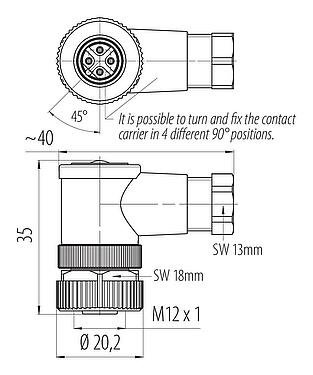 比例圖 M12 彎角孔頭電纜連接器, : 4, 4.0-6.0mm, 非遮罩, 螺釘接線, IP67, UL 2238