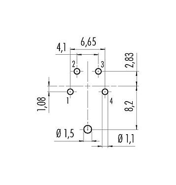 Conductor layout 09 0312 290 04 - M16 Female panel mount connector, Contacts: 4 (04-a), shieldable, THT, IP40, front fastened