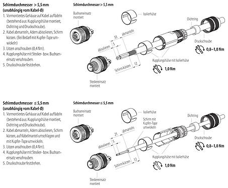 Montageanleitung M12 Kabelstecker, Polzahl: 4, 5,0-8,0 mm, schirmbar, schraubklemm, IP67, UL 2238, Irisfeder