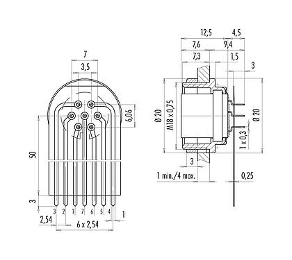 Connexion & dimensions 09 0328 65 07 - M16 Embase femelle, Contacts: 7 (07-a), non blindé, THT, IP40, Montage frontal
