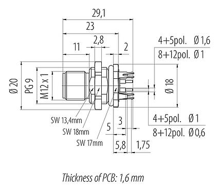 Scale drawing 86 0531 1120 00008 - M12 Male panel mount connector, Contacts: 8, shieldable, THT, IP68, UL 2238, PG 9, front fastened
