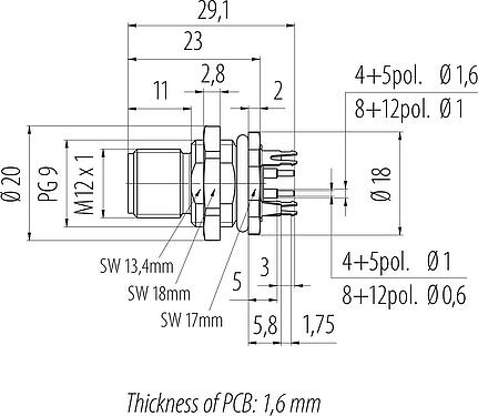 Bản vẽ tỷ lệ M12 Phích cắm gắn bảng, Số lượng cực : 4, có thể che chắn, THT, IP68, UL 2238, PG 9, Chốt trung tâm, túp lều