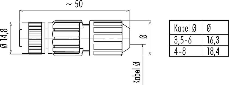 Maßzeichnung M12 Kabeldose, Polzahl: 4, 4,0-8,0 mm, ungeschirmt, IDC, IP67