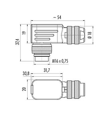 Maßzeichnung M16 Winkelstecker, Polzahl: 8 (08-a), 4,0-6,0 mm, schirmbar, löten, IP67, UL 2238