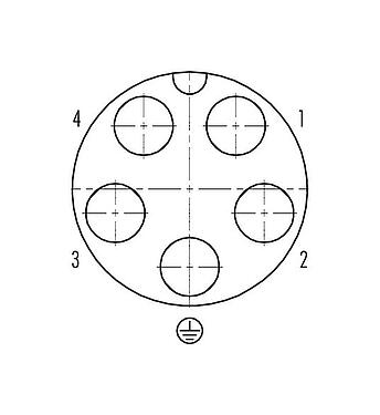 Polbild (Steckseite) Bajonett Kabeldose, Polzahl: 4+PE, 7,0-17,0 mm, ungeschirmt, crimpen (Crimpkontakte müssen separat bestellt werden), IP68/IP69K, UL 2238, VDE, UV-Beständig