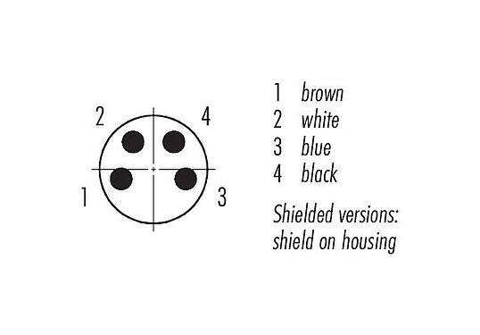 Pólus ábra (csatlakozó oldal) M8 Kábelre szerelhető csatlakozó, : 4, árnyékolt, kábelre öntött, IP67, UL 2238, PVC, szürke, 4 x 0,34 mm², 5 m