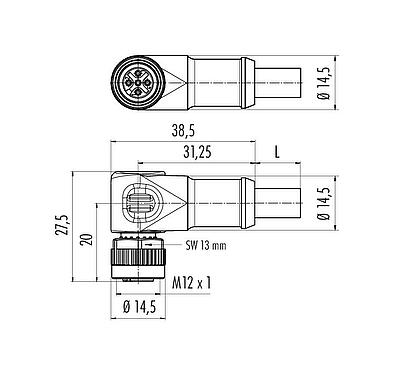 Dessin coté M12 Connecteur femelle coudé, Contacts: 5, blindé, surmoulé sur le câble, IP68, UL 2238, CAN-Bus, PUR, violet, 1 x 2 x AWG 22 + 1 x 2 x AWG 24, 5 m