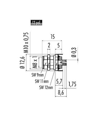 Scale drawing 86 6618 1120 00012 - M8 Female panel mount connector, Contacts: 12, shieldable, THT, IP67, UL, screwable from the front