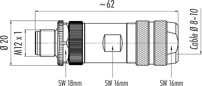 Scale drawing M12 Male cable connector, Contacts: 8, 8.0-10.0 mm, shieldable, screw clamp, IP67, UL 2238, with shielding ring
