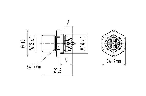 Maßzeichnung M12 Flanschstecker, Polzahl: 4, schirmbar, SMT, IP67, M14x1,0, Rückwandmontage