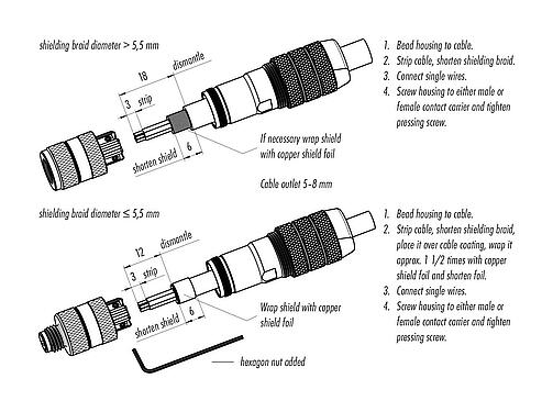 Montagehandleiding M8 Kabeldoos, aantal polen: 4, 5,0-8,0 mm, schermbaar, schroefklem, IP67, M8x1,0, irisveer