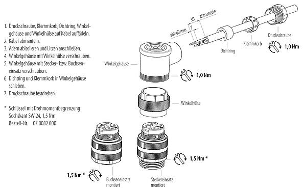 Montageanleitung 7/8" Winkelstecker, Polzahl: 3+PE, 6,0-8,0 mm, ungeschirmt, schraubklemm, IP67, UL 2238, VDE