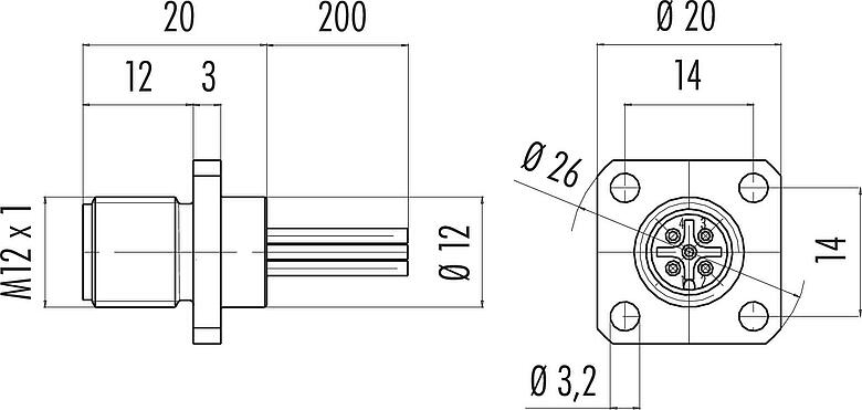 Scale drawing M12 Square male panel mount connector, Contacts: 4, unshielded, single wires, IP40, UL 2238, M3 (4x), Front mounting, potted