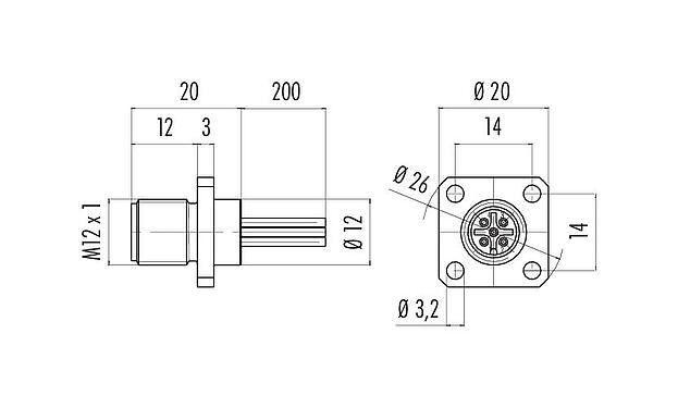 Scale drawing M12 Square male panel mount connector, Contacts: 8, unshielded, single wires, IP40, UL 2238, M3 (4x), Front mounting
