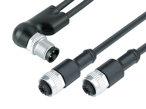 Illustration 77 9827 3430 50003-0100 - M12 Duo connecteur d‘angle mâle - 2 connecteurs femelle M12x1, Contacts: 4/3, non blindé, surmoulé sur le câble, IP67, UL, PUR, noir, 3 x 0,34 mm², 1 m