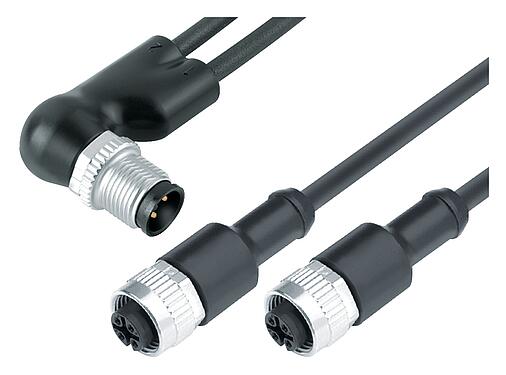 Ilustración M12 Divisor de cables en ángulo - 2 conector de cable hembra, Número de contactos: 4/3, sin blindaje, moldeado en el cable, IP67, UL 2238, PUR, negro, 3 x 0,34 mm², 1 m