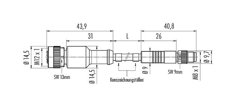 Maßzeichnung M12/M8 Kabeldose - Kabelstecker, Polzahl: 3, ungeschirmt, am Kabel angespritzt, IP67/IP69K, UL 2238, PUR, schwarz, 3 x 0,34 mm², 1 m