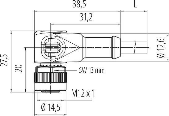 Scale drawing M12 Female angled connector, Contacts: 4, unshielded, moulded on the cable, IP68/IP69K, UL 2238, PUR, black, 4 x 0.34 mm², with LED PNP, 2 m