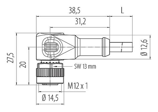Scale drawing 77 3634 0000 20004-0200 - M12 Female angled connector, Contacts: 4, unshielded, moulded on the cable, IP69K, UL 2238, PVC, grey, 4 x 0.34 mm², with LED PNP, 2 m