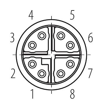 Koskettimien järjestys (plug in -puoli) M12 Laippapistorasia, Napojen määrä: 8, suojattavissa, THT, IP67, UL, M12x1,0, Kiinnitys takaseinään