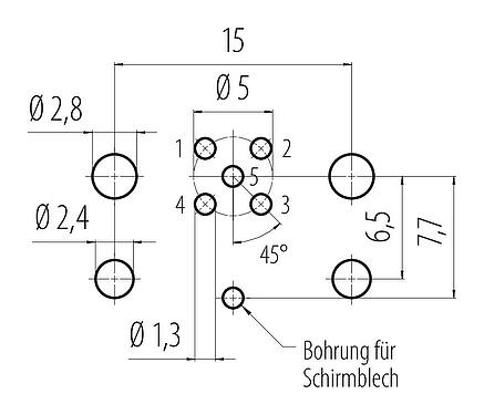 Leiterplattenlayout M12 Flanschdose, Polzahl: 5, schirmbar, THR, IP68, UL 2238, M12x1,0, Rückwandmontage