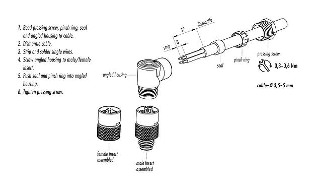 Assembly instructions M8 Male angled connector, Contacts: 4, 3.5-5.0 mm, unshielded, solder, IP67, UL 2238