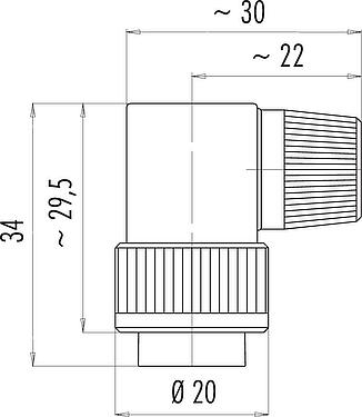 Scale drawing Bayonet Male angled connector, Contacts: 6, 4.0-6.0 mm, unshielded, solder, IP40