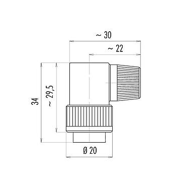 Scale drawing Bayonet Male angled connector, Contacts: 8, 4.0-6.0 mm, unshielded, solder, IP40