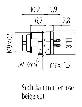 Maßzeichnung M9 Flanschstecker, Polzahl: 5, ungeschirmt, löten, IP40, M9x0,5, Rückwandmontage
