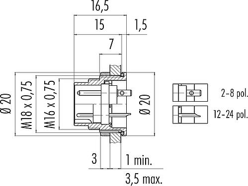 Scale drawing M16 Male panel mount connector, Contacts: 16, unshielded, solder, IP67, UL 2238, M18x0,75, Rear mounting