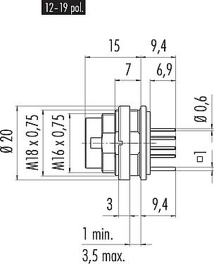 Scale drawing M16 Male panel mount connector, Contacts: 12 (12-a), shieldable, THT, IP67, UL 2238, M18x0,75, Rear mounting