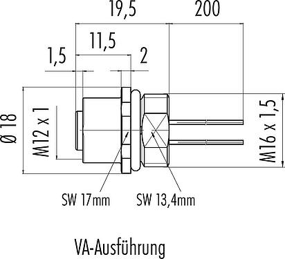 Maßzeichnung M12 Flanschdose, Polzahl: 4, ungeschirmt, Litzen, IP68, UL 2238, M16x1,5, Frontmontage, Edelstahl, vergossen