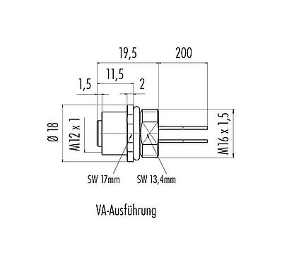 Maßzeichnung M12 Flanschdose, Polzahl: 5, ungeschirmt, Litzen, IP68, UL 2238, M16x1,5, Frontmontage, Edelstahl, vergossen