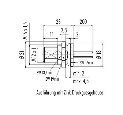 Maßzeichnung M12 Flanschstecker, Polzahl: 12, ungeschirmt, Litzen, IP68, UL 2238, M16x1,5, Rückwandmontage, vergossen