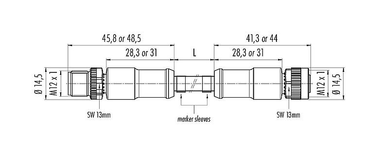 Scale drawing M12 Connecting cable male cable connector - female cable connector, Contacts: 8, unshielded, moulded on the cable, IP67/IP69K, UL 2238, PUR, black, 8 x 0.25 mm², 2 m