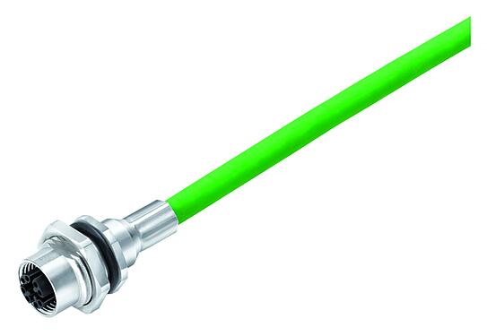 Illustration M12 Female panel mount connector, Contacts: 8, shielded, with cable assembled, IP67, UL, M16x1.5, Ethernet, PUR, green, 4 x 2 x AWG 26/7, Rear mounting, 0.5 m