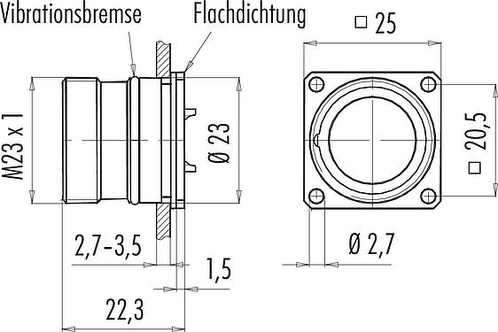 Maßzeichnung M23 Vierkant-Flanschstecker, Polzahl: 12, ungeschirmt, löten, IP67, M2 (4x), Rückwandmontage
