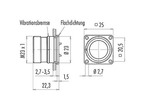 Maßzeichnung M23 Vierkant-Flanschstecker, Polzahl: 12, ungeschirmt, löten, IP67, M2 (4x), Rückwandmontage