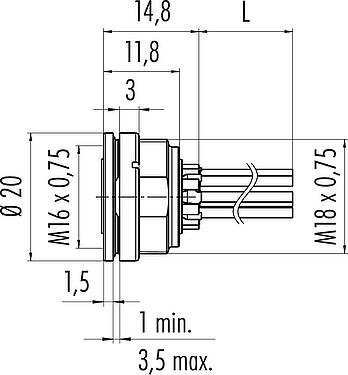 縮尺図 M16 メスパネルマウントコネクタ, 極数: 4 (04-a), 非シールド, 単線, IP67, UL 2238, M18x0,75, フロントマウント
