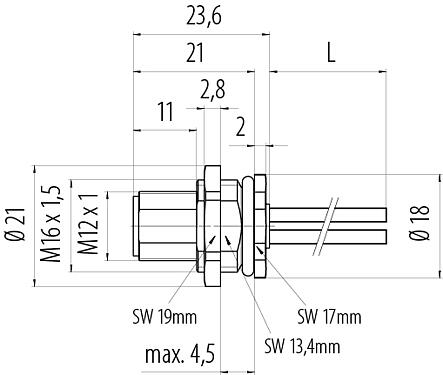 Bản vẽ tỷ lệ M12 Phích cắm gắn bảng, Số lượng cực : 3, không có chống nhiễu, dây đơn, IP68, UL 2238, M16x1,5, Chốt trung tâm, túp lều