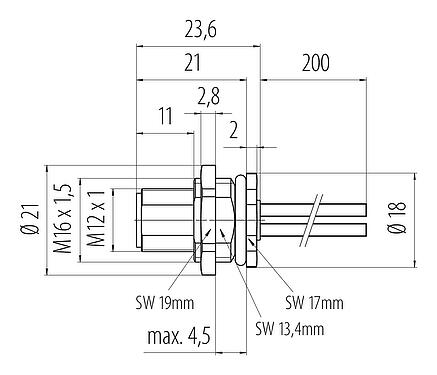 Disegno in scala M12 Connettore maschio a flangia, Numero poli: 4, non schermato, fili singoli, IP68, UL 2238, M16x1,5, Montaggio su panello posteriore
