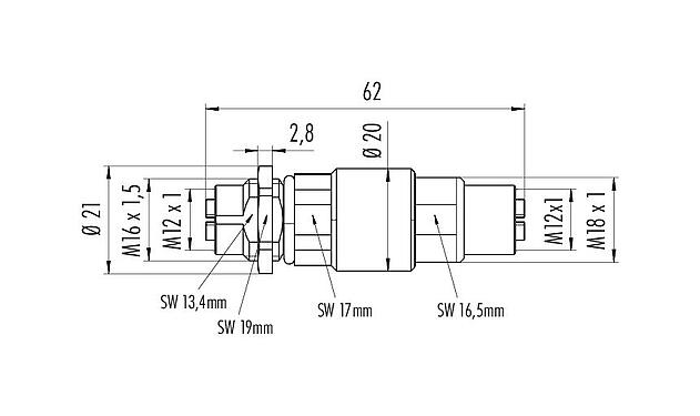 Desenho da escala 09 5286 00 08 - M12 Passagem para cabine de controle, Contatos: 8, blindado, plugáveis, IP67, UL