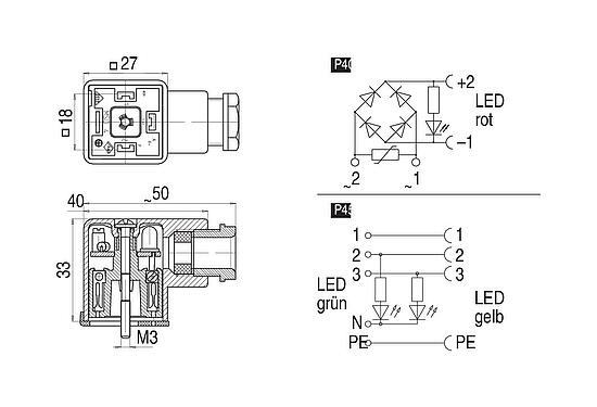 Maßzeichnung Gerätesteckdose, Polzahl: 2+PE, 6,0-8,0 mm, ungeschirmt, schraubklemm, IP40 ohne Dichtung, PG 9, Schaltung P40, mit LED PNP