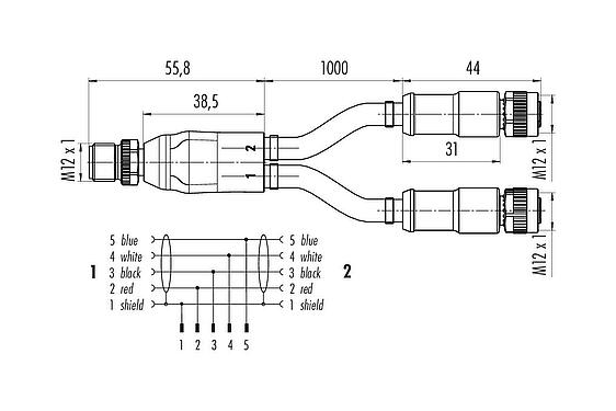 Skalritning 77 9851 2530 50705-0100 - M12/M12,M12 Kabelsplitter plugg - 2 kabeluttag, antal poler: 5, skärmad, fastgjuten på kabeln, IP67, CAN-Bus, PUR, violett, 1 x 2 x AWG 22 + 1 x 2 x AWG 24, 1 m