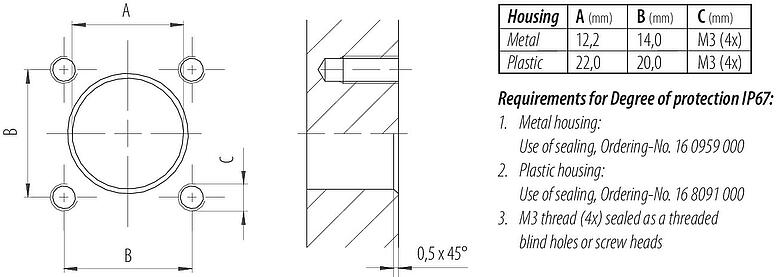 Instructions de montage / Découpe du panneau 09 0431 16 04 - M12 Embase mâle, carré, Contacts: 4, non blindé, souder, IP40, M3 (4x), Montage frontal, Alignement de codage positionnable