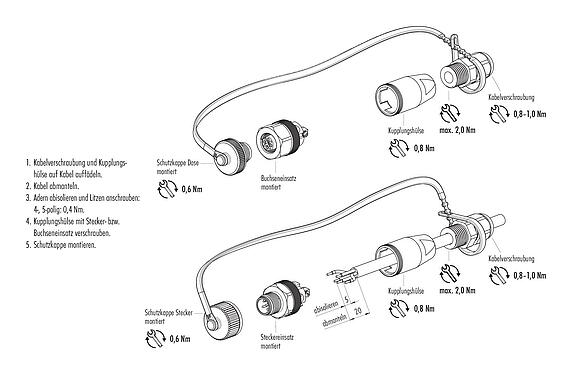 Montageanleitung M12 Kabeldose, Polzahl: 5, 4,0-6,5 mm, ungeschirmt, schraubklemm, IP68/IP69K, für Outdoor Anwendungen, UV-Beständig